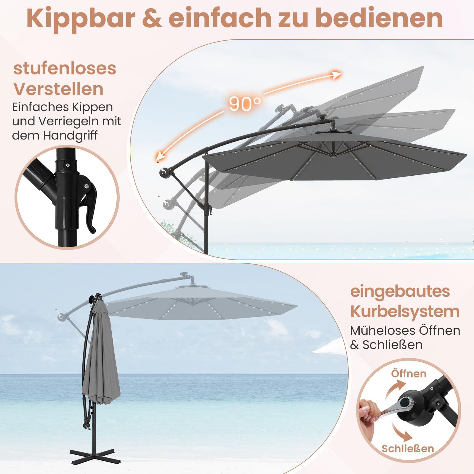 COSTWAY 300 cm Sonnenschirm mit Ständer und LED-Leuchten, Ampelschirm mit Kurbel, Gartenschirm, UV-Schutz, Marktschirm, Terrassenschirm für Garten, Pool, Terrasse (Grau)