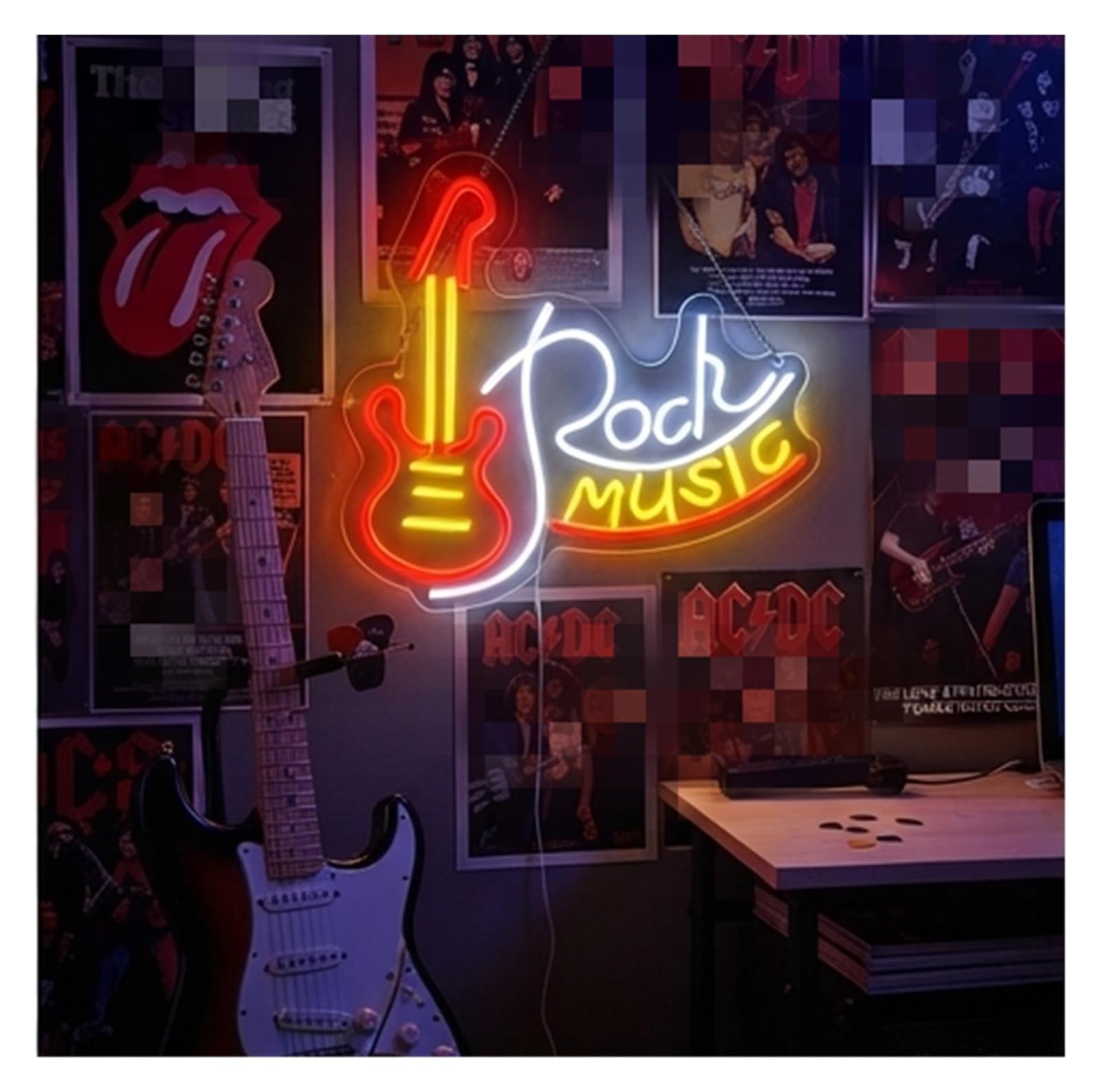 Insegna al Neon Insegna Al Neon Rock Music Con Chitarra Elettrica E Luce Dimmerabile Per Feste Camere Da Letto Studi Musicali Negozi Festival Decorazioni 45cmx38cm