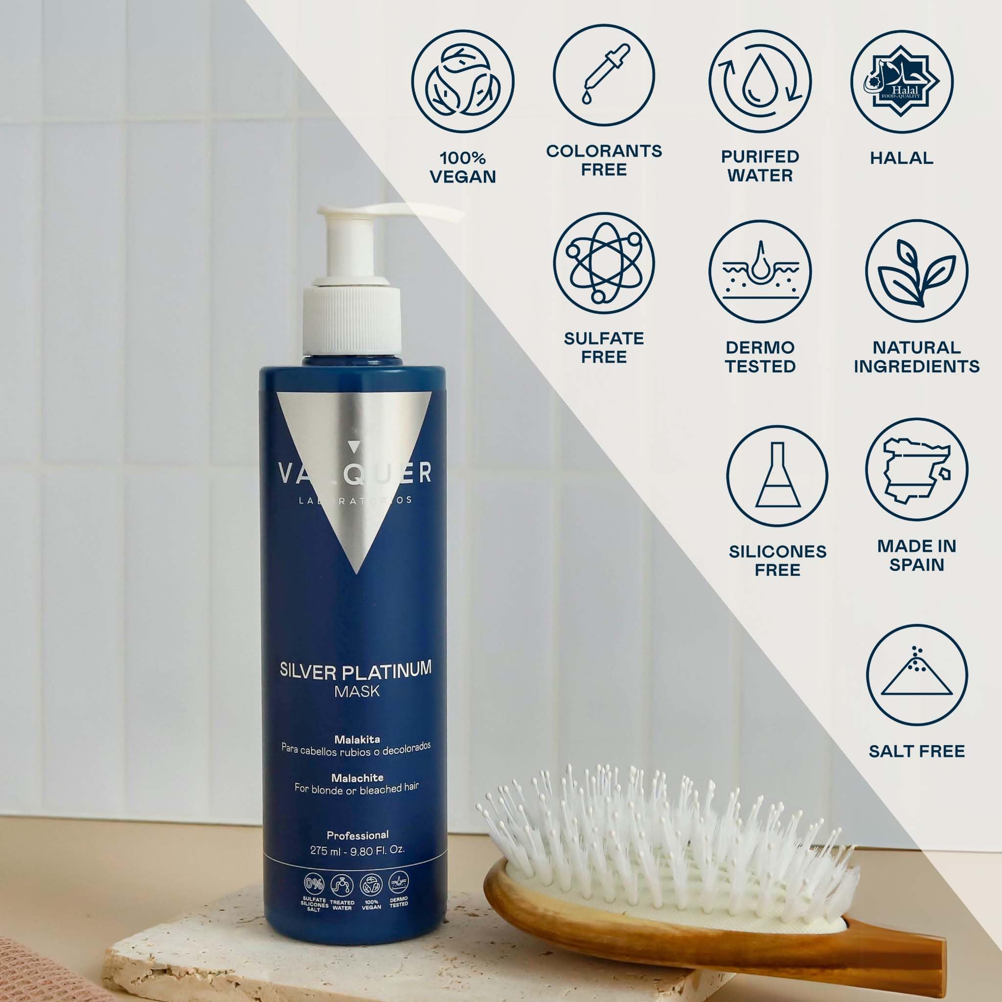VALQUER Silver Platinum Mascarilla Matizadora Violeta | Repara el Cabello Rubio, Blanco, Gris o Decolorado | Neutraliza Tonos Amarillos y Anaranjados con Malakita y Pantenol | Vegano | 275 ml