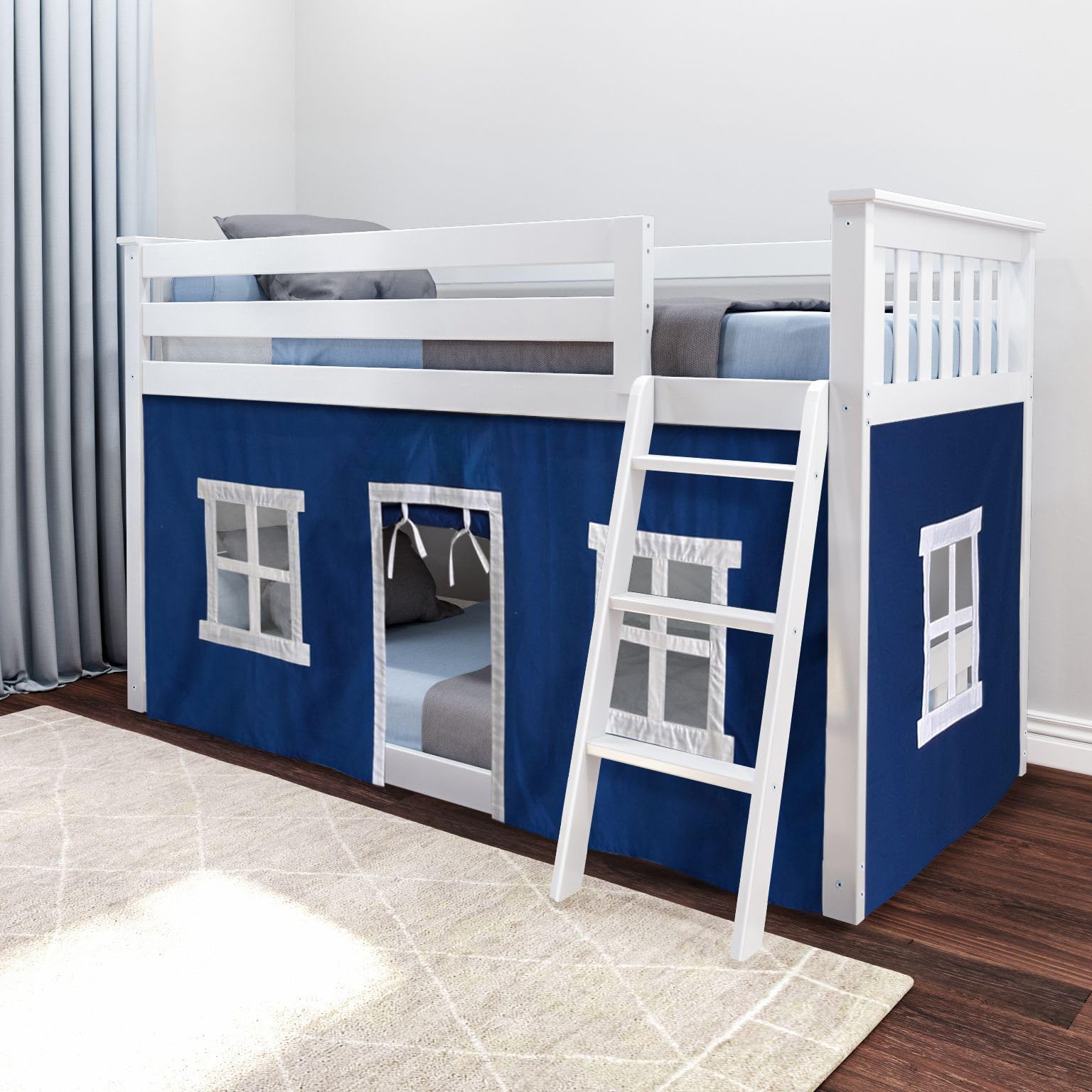 Max & Lily Low Bunk Bed, Twin-Over-Twin Bed Frame For Kids With Curtains For Bottom, White/Blue