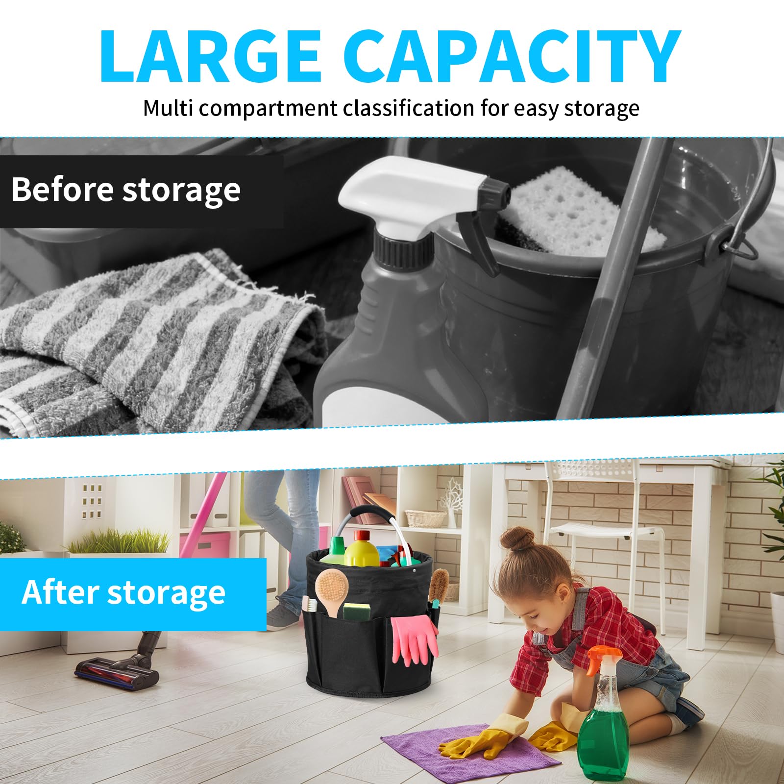 2 organizadores de productos de limpieza, bolsa de limpieza plegable portátil, cesta de limpieza con asa y 6 bolsillos, bolsa de limpieza para dispositivos, herramientas, utensilios de limpieza