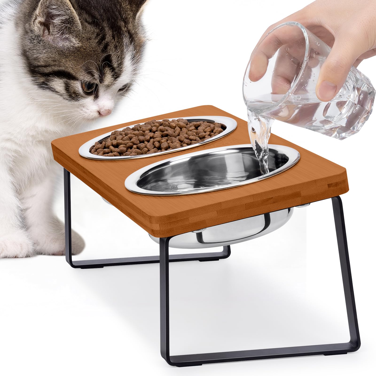 Gamelles surélevées en acier inoxydable et support bambou pour chats
