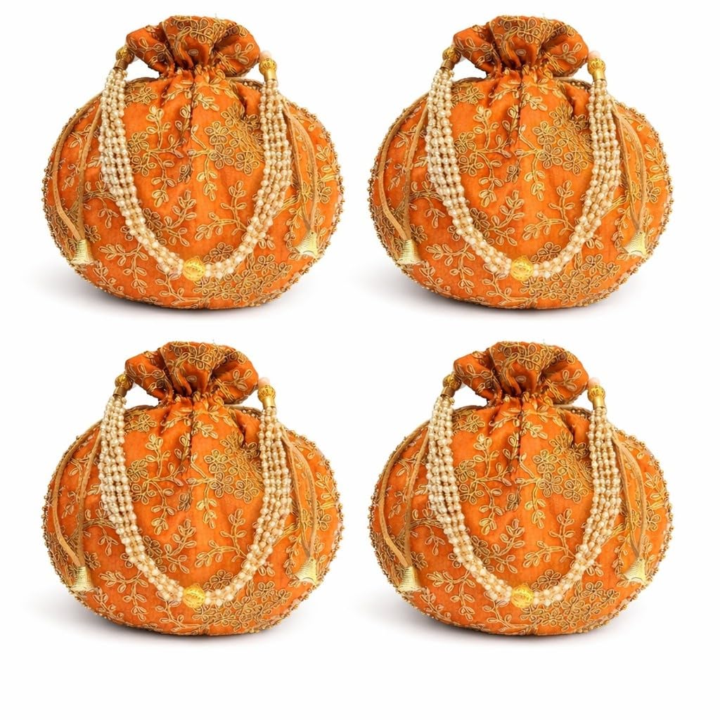 JDDCART Wedding Gifting Potli Orange Matka Designer Potli Handbags for Women and Girls (Pack of 4) 9 inch X 8.5 inch-image-17