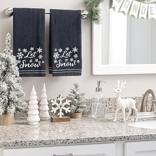 Miniatura 7 de Toallas de Mano para Baño de Navidad  Juego de 2 Gris Oscuro 100% Algodón Bordadas "Let It Snow" Diseño de Copos de Nieve  16" x 25" Toallas