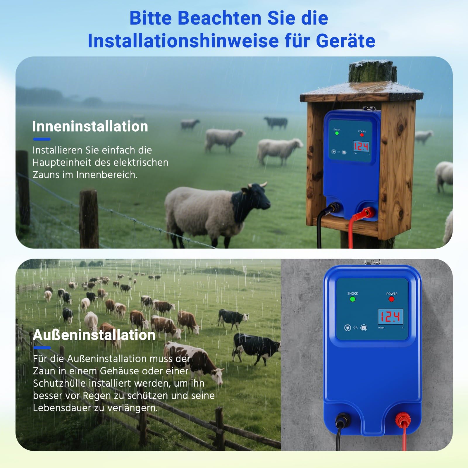 Valla eléctrica de 1,5 J, salida de 12 V, para 2 hasta 15 km, para perros, gatos, pollos, caballos, buey, oveja, cerdo, aves de corral