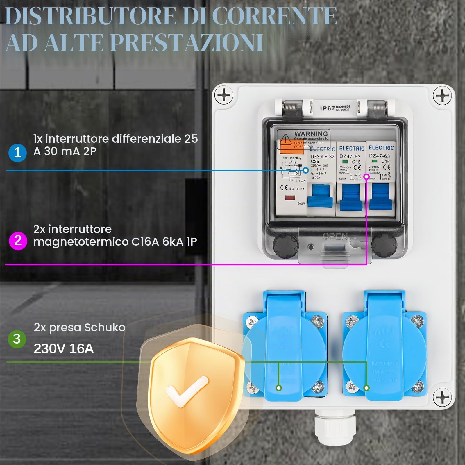 Warmfay Quadro di distribuzione per cantieri Precablato, distributore di corrente, 2x 230V prese Schuko, quadro elettrico a parete con 1x interruttore FI 25A + 2x interruttori LS 16A 1P, IP67