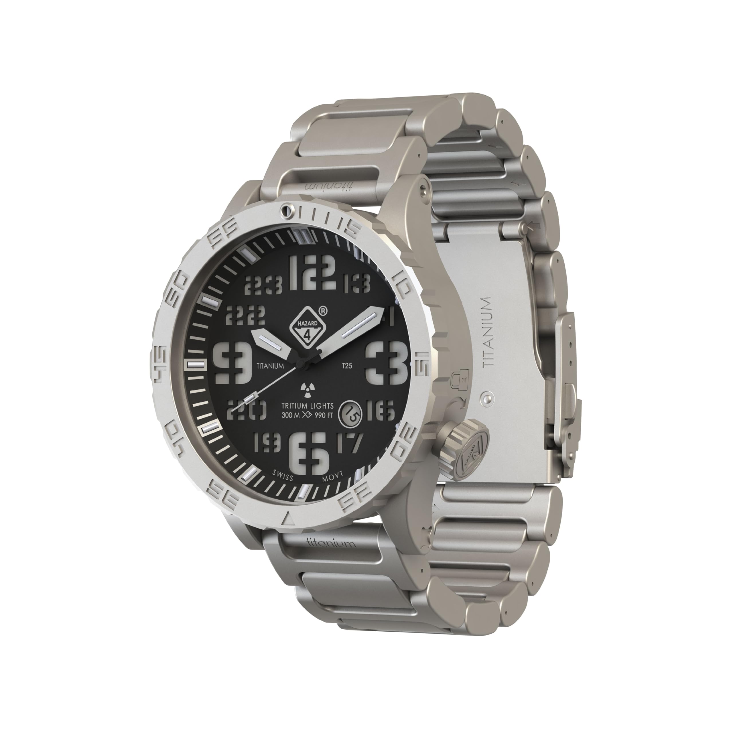 HAZARD 4 Heavy Water Diver 50mm Titanium Tritium Dive Watch 300M/990 FT Depth, BlackTie w Ti Bracelet