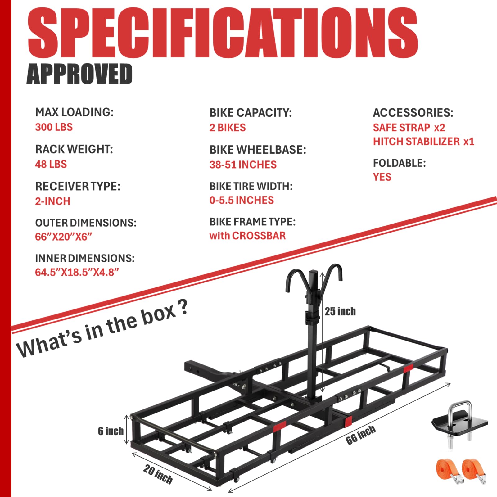 Hitch-Mount Bike Rack for Ebike Heavy-Duty - Comes with Cargo Carrier Fits 2 Electric Fat-Tire Mountain Bicycles Fits 2" Receiver for Car Trailer SUV Truck RV Minivan