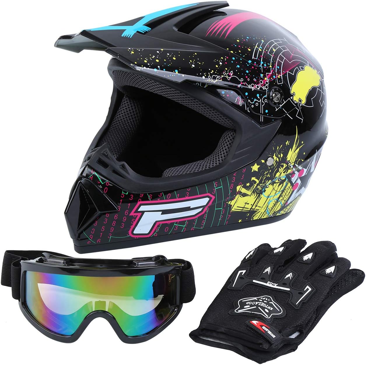Samger DOT Adult Offroad Helmet Motocross Helmet Dirt Bike ATV Motorcycle Helmet Gloves Goggle (Black, M)