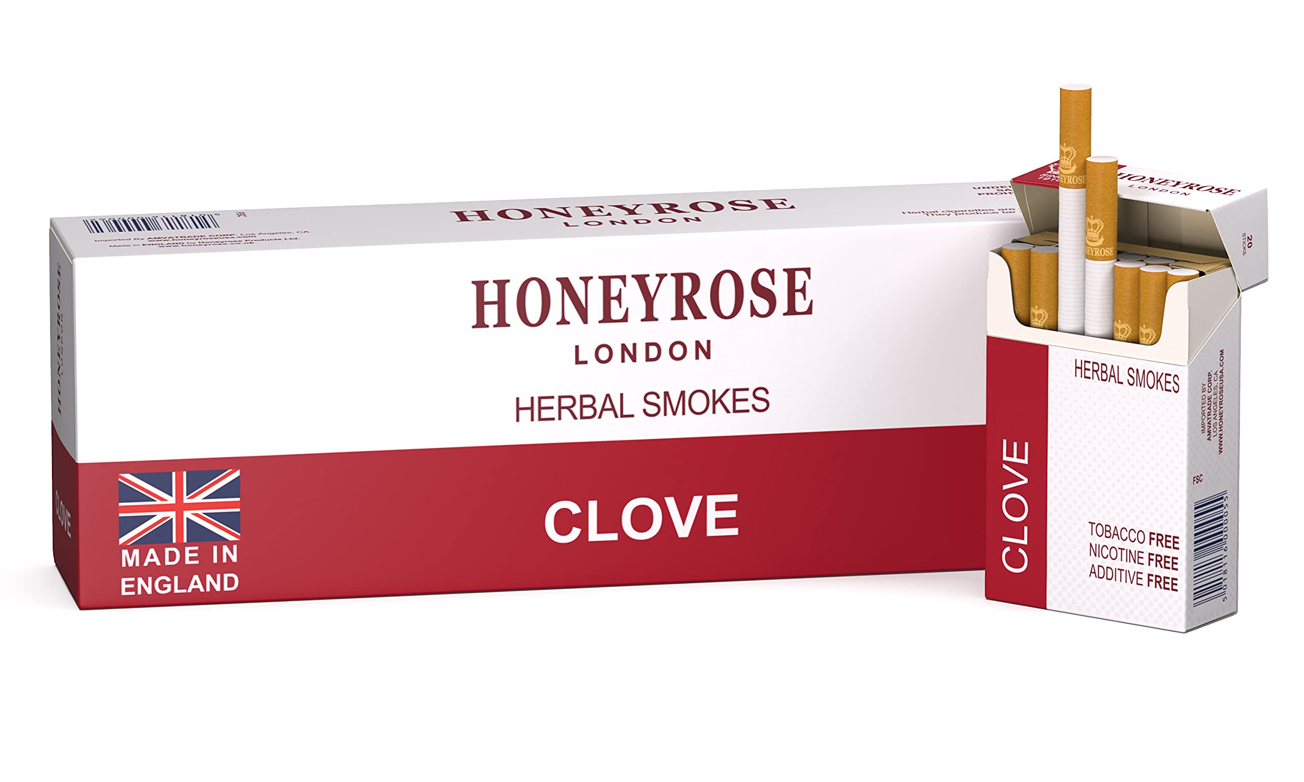 Honeyrose Herbal Cigarettes Carton "Clove" Flavor, 100% Tobacco & Nicotine Free, 100% Natural, Herbal Smokes, Quit Smoking, Made in England