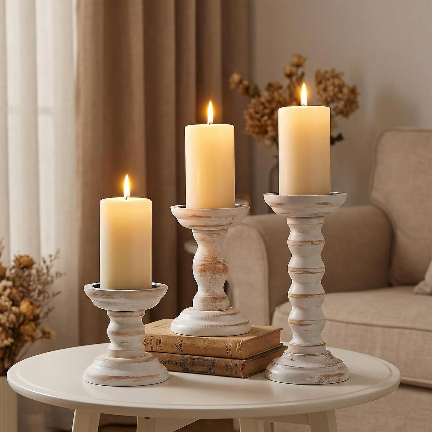 3 Pcs Wood Pillar Candle Holder Rustic White Candle Holder Set of 3 Tall Table Centerpiece Decor Wooden White Farmhouse Decorations for Fireplace Mantle