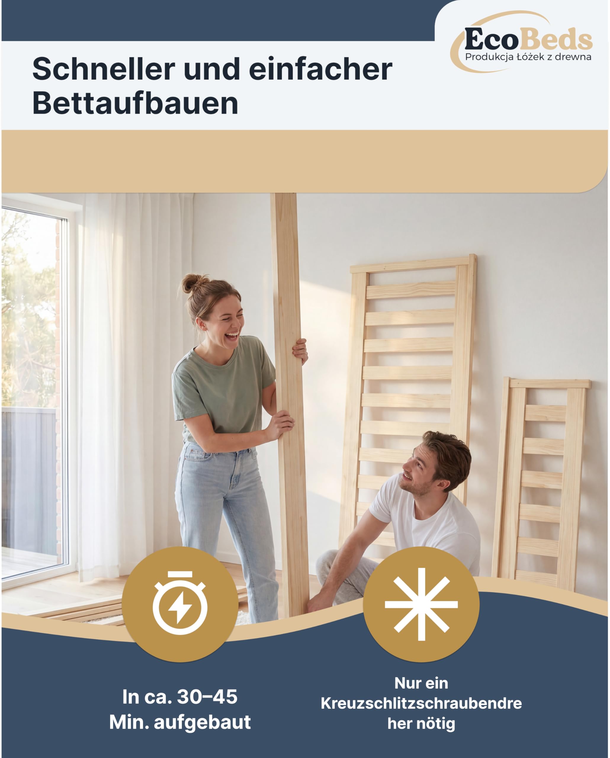 EcoBeds ADA Holzbett 140x200 cm Kiefer Massivholz bis 200 kg | Grau - Doppelbett, Bettgestell mit Lattenrost und Stauraum, für Erwachsene, robust, einfache Montage