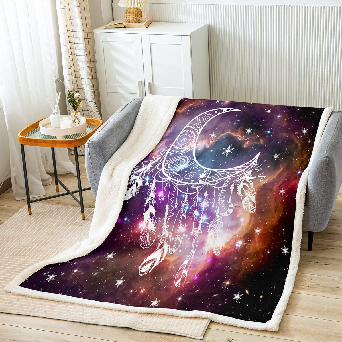 Dreamcatcher Bed Blanket Mandala Moon Dream Catcher Throw Blanket for Kids Boys Teens,Exotic Tribal Feather Fleece Blanket Starry Sky Galaxy Blanket Stars Kids Bohemian Room Decor 40"x50