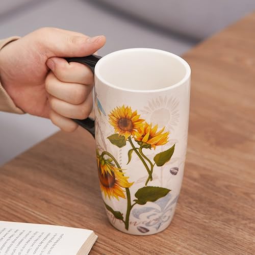 Miniatura 22 de DUSVALLY Taza de café de cerámica con tapa, taza de té de latte de porcelana con asa, 17 onzas, color negro Negro -,Negro y girasol,Azul,Flor