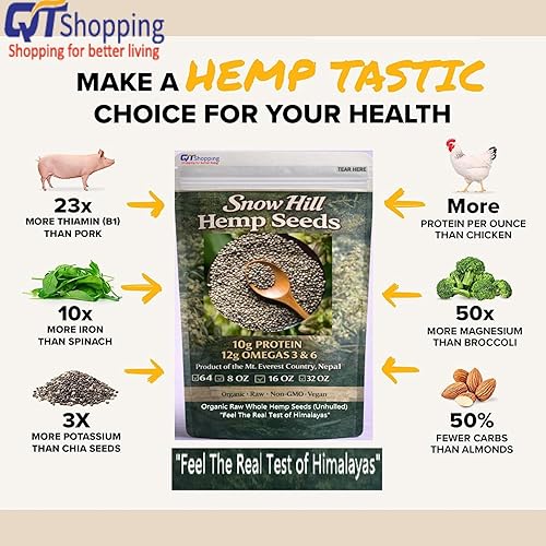 Miniatura 3 de Semillas de cáñamo crudas orgánicas, 32 onzas, 0.35 onzas de proteína vegetal completa y 0.44 onzas de omegas por porción, veganas, sin gluten, sin