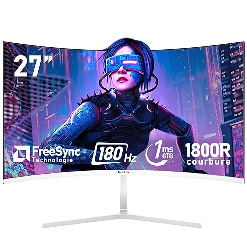 Gawfolk Écran PC 27 Pouces incurvé 180Hz Gaming Computer Moniteur, 1800R,1ms,FHD 1080p, 178 ° Grand Angle,Ultra - Mince Lunette, HDMI、DisplayPort,Compatible avec Montage Mural 100 * 100mm- Blanc - 27 Pouces - FHD 180Hz.