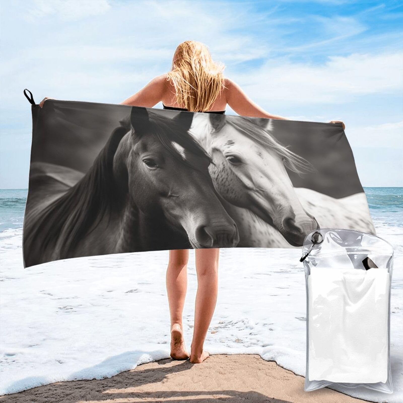 DWVTSLH Microfiber Sand Free Beach Towel 31.5"x63", Quick Dry Absorbent Travel Towel Large Camping Blanket, Black and White Horses Bath Towels Lightweight Pool Swim Towels for Vacation Essentials