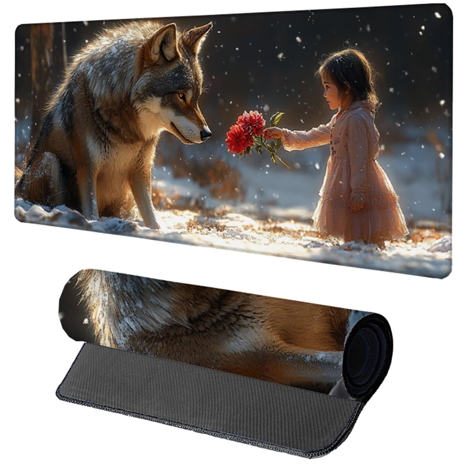 Podkładka pod mysz XXL 1200 x 600 x 3 mm, szara podkładka pod mysz Wolf ze zszytymi krawędziami, antypoślizgowa gumowa podstawa rozszerzona podkładka pod mysz do gier na pad do biura PC akcesoria do