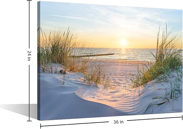 TISHIRON Wall Art Sandy Beach Sunrise Pictures Painting on Canvas Wall Art Modern Framed Seaside Canvas Prints Ready To Hang(36X24in) - 2