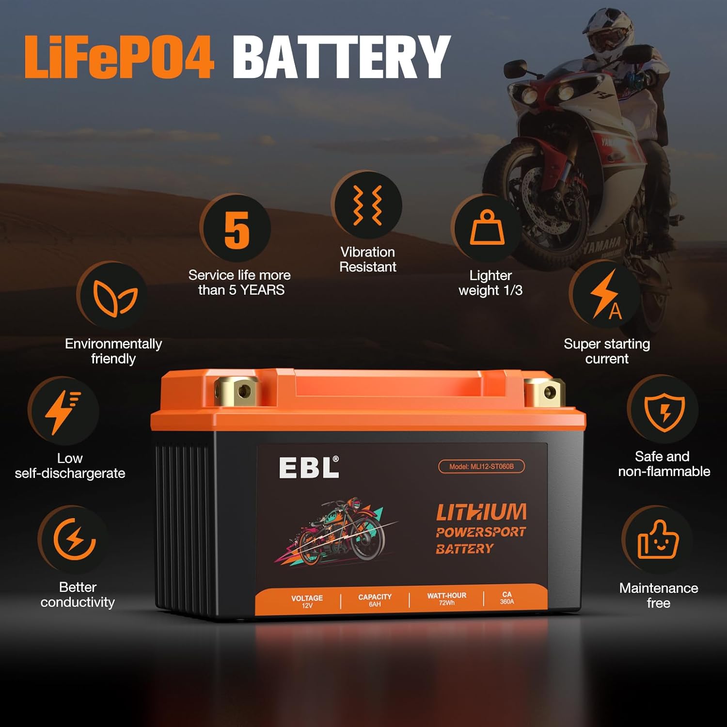 EBL Lithium YTZ10S-BS, 180CCA Lithium LiFePO4 Motorcycle Battery, 12V 6Ah ATV, UTV, Jet Ski, 4 Wheeler, Quad, Riding Lawn Mower, Tractor, Scooter, PWC, Seadoo, Polaris and Generator Battery