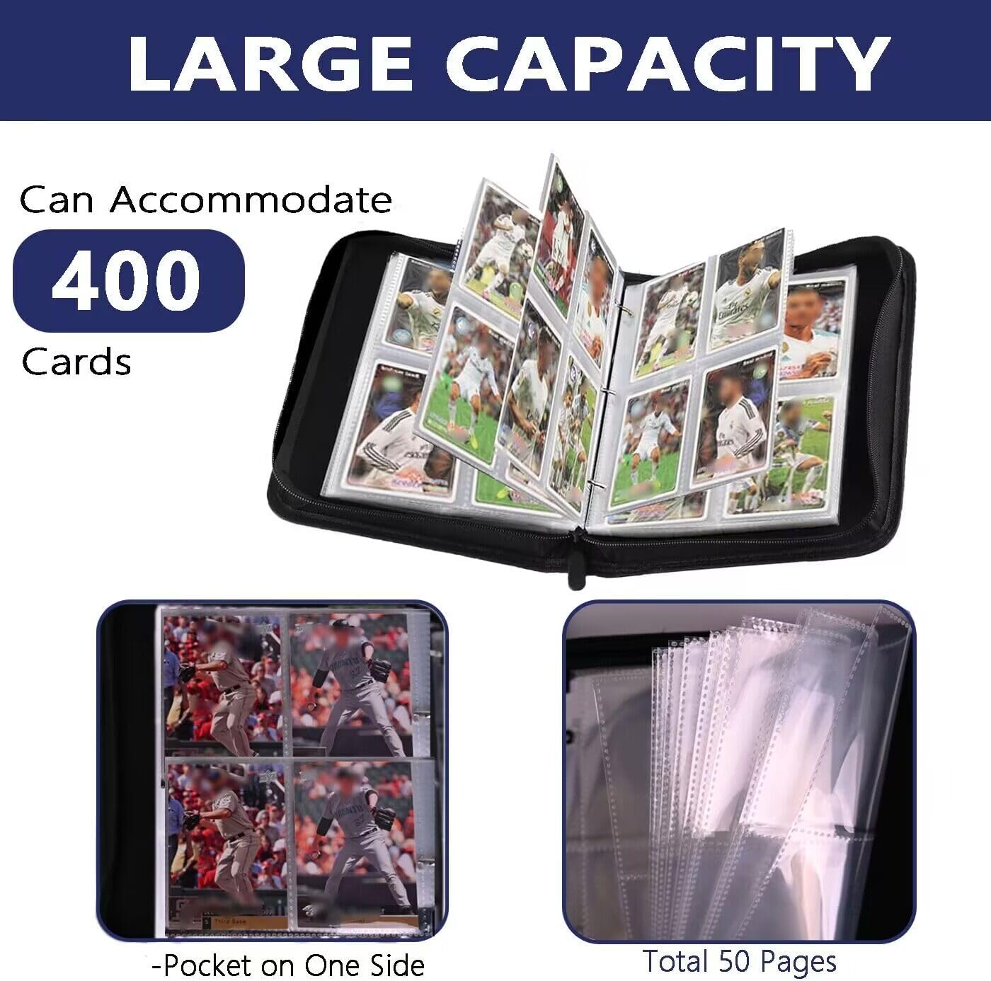 Baseball Card Binder - 4 Pocket Sports Card Album With 50 Sleeves, 400 Pockets Trading Card Holder, 3 Ring Storage Organizer (400 card baseball)