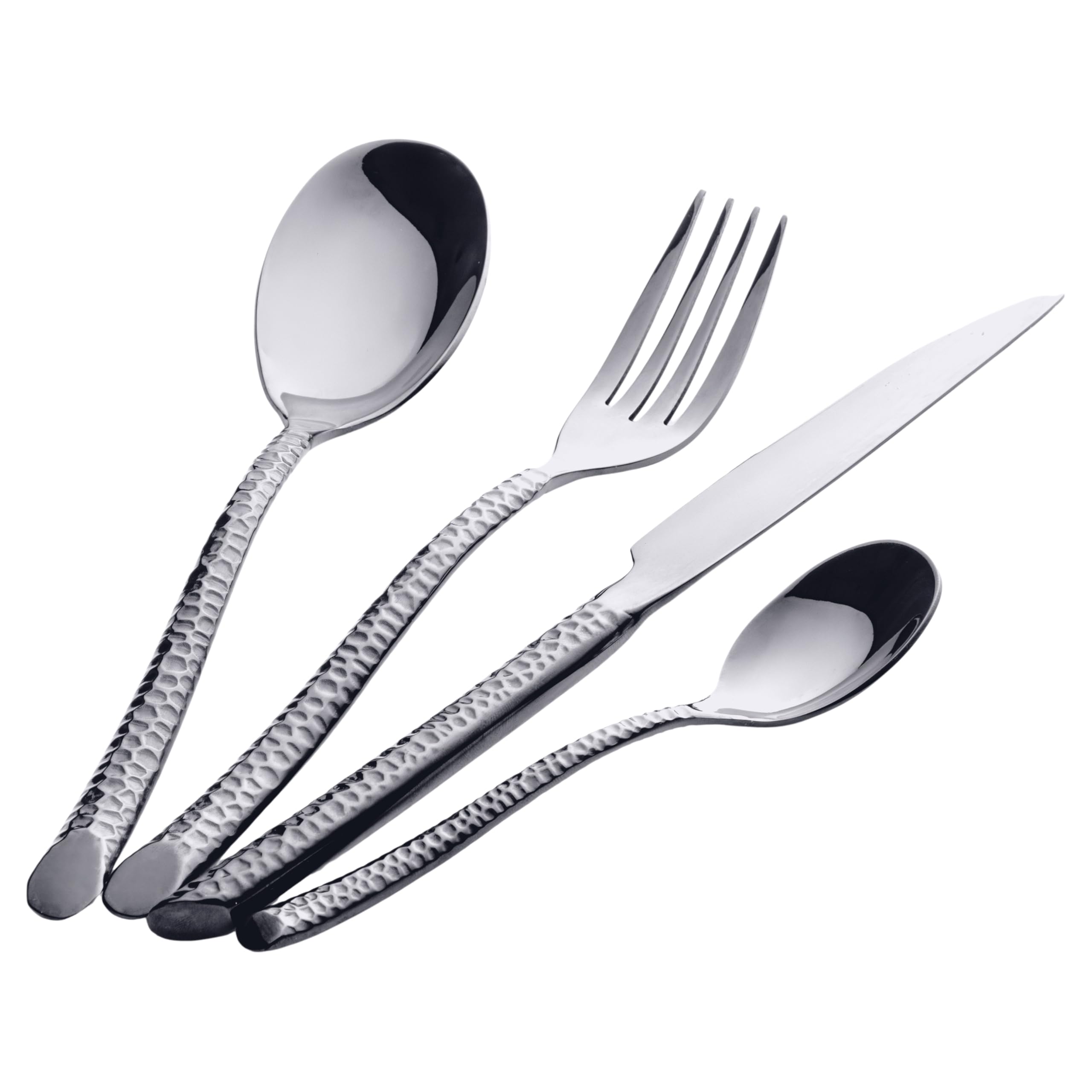 Lot de 24 couverts en acier inoxydable poli, poignée effet martelé, argent, Malindi