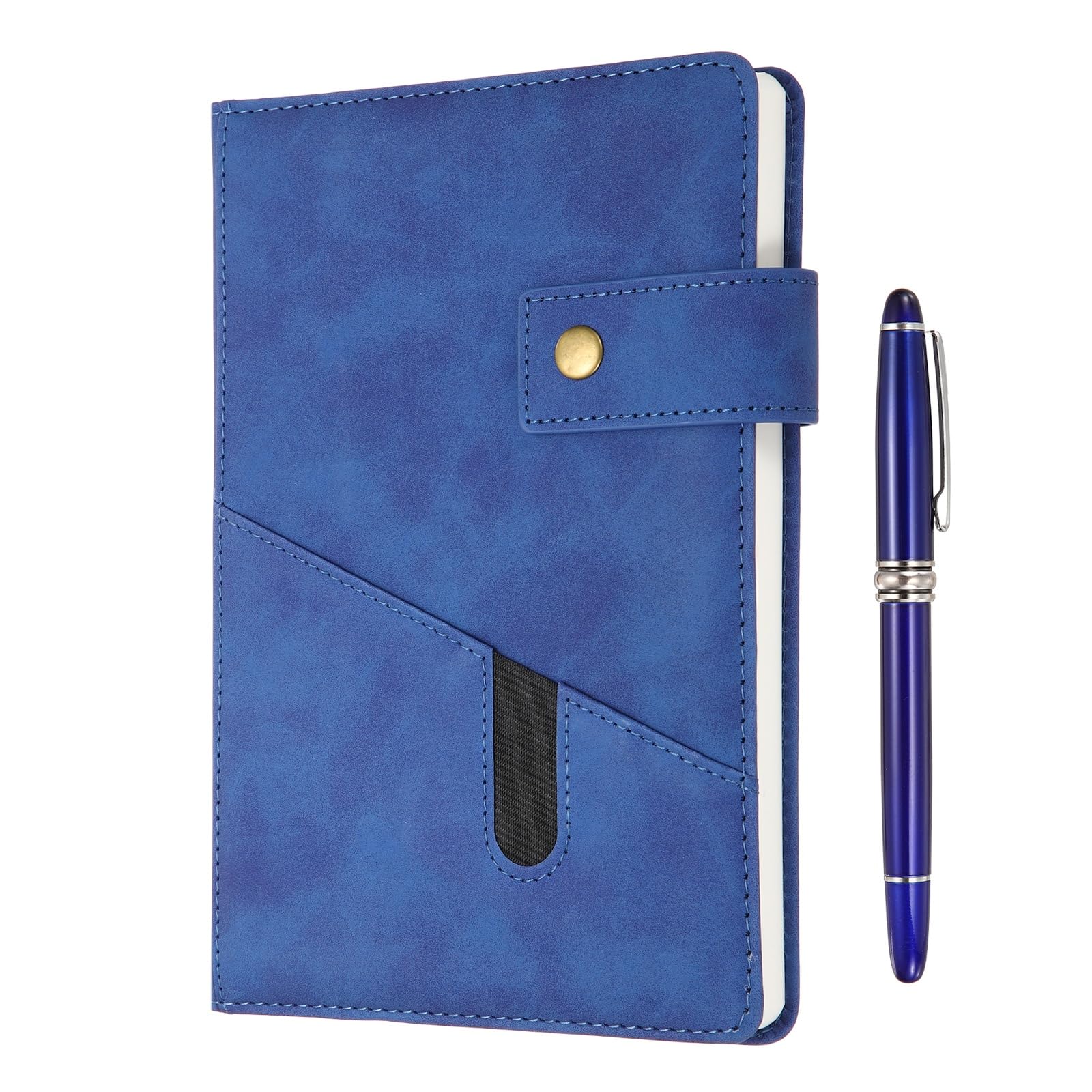 PATIKIL Diario A5 a righe in pelle, 100 g/m², 200 pagine, 15 cm x 21,6 cm, diario giornaliero con copertina rigida e penna, per riunioni, interviste, lavoro, blu scuro