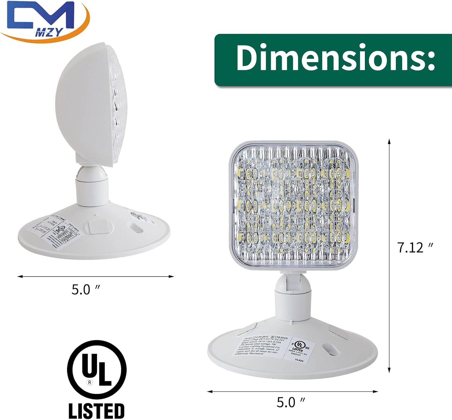 CM MZY Emergency Remote Head Lighting, Single Head Emergency Light, UL Listed, Multi Voltage 3.6 to 24 Volt Input, 3 Watts, 180 Lumen, Square，1 Pack