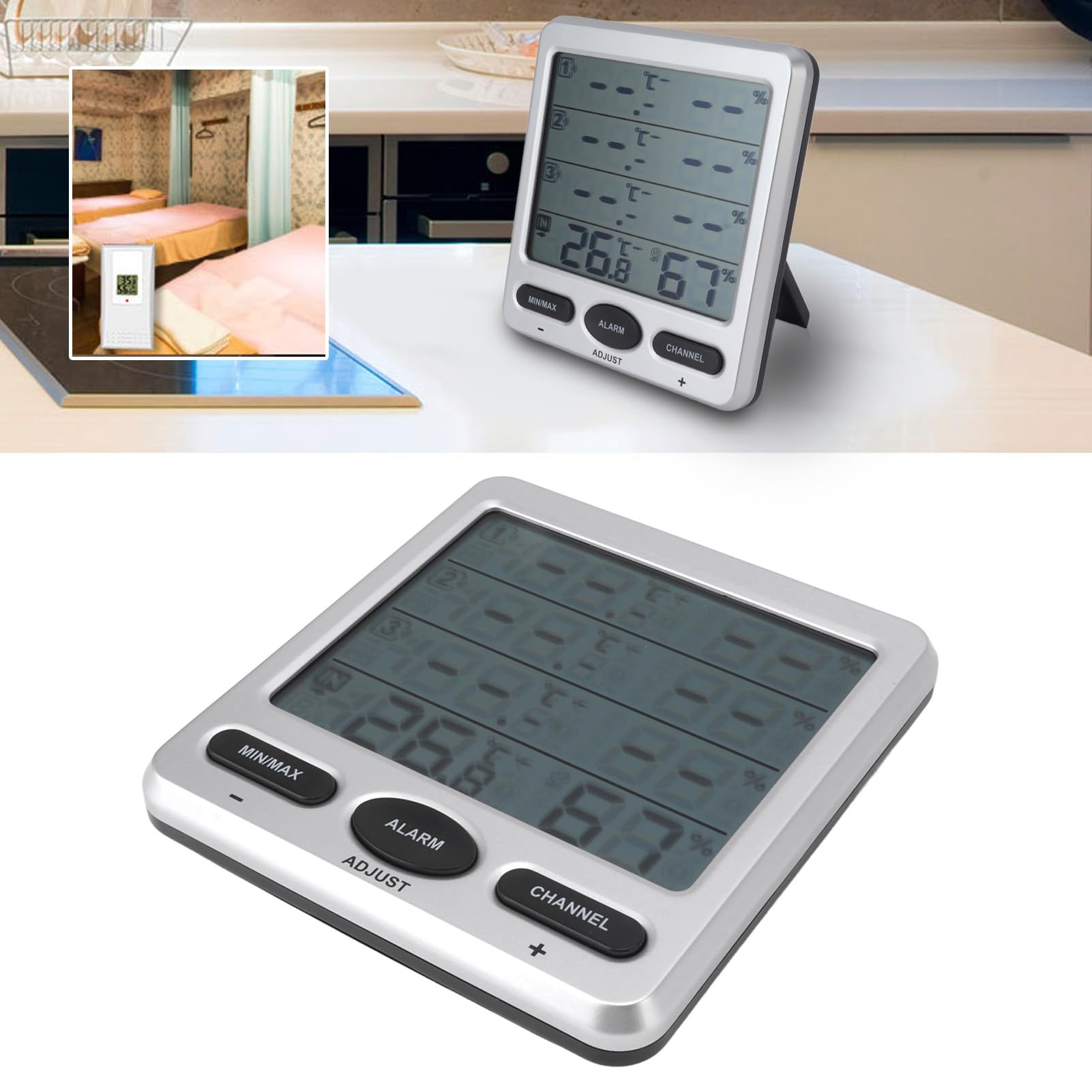 Cocoarm Raumhygrometer-Thermometer, Drahtloser ABS-Temperatur- und Luftfeuchtigkeitsmonitor mit 3 Fernsensoren, 433 MHz, Max.-Min.-Aufzeichnungen, für den Innen- und Außenbereich Im Babyzimmer zu