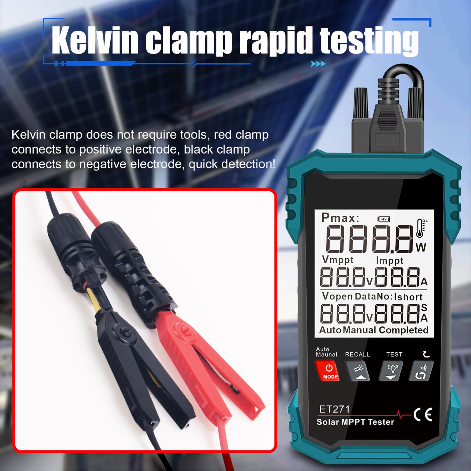 Tester solare da 1600 W, tester digitale portatile MPPT con modalità auto/manuale, tensione a vuoto, punto di potenza massimo (potenza/tensione/corrente), batteria da 1250 mAh