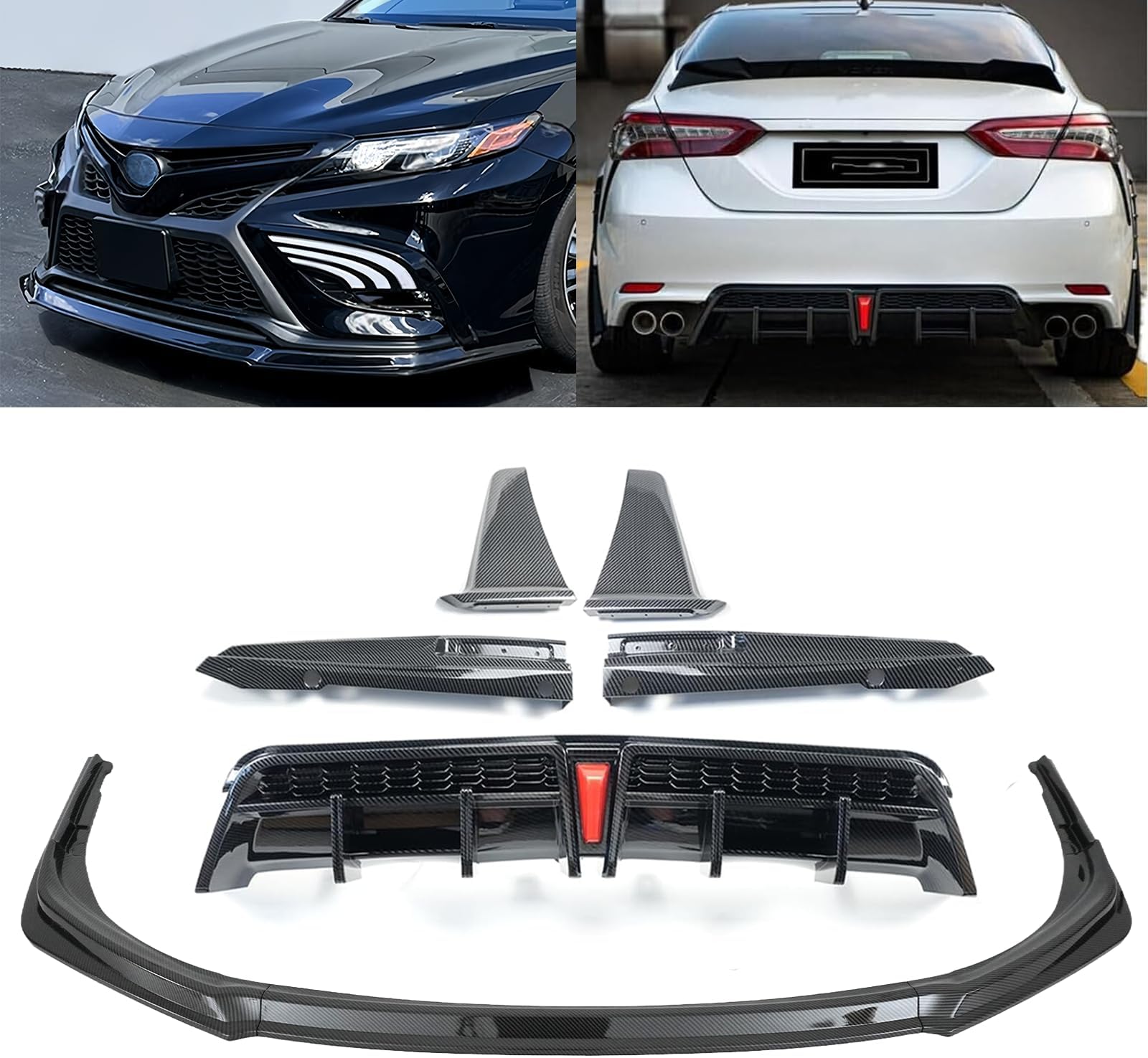 Front Bumper Lip+Rear Diffuser Winglet kit Yofer V2 Style for Toyota Camry SE XSE 8.5th 2021 2022 2023 2024 Full Body Kit (Carbon Fiber Print)