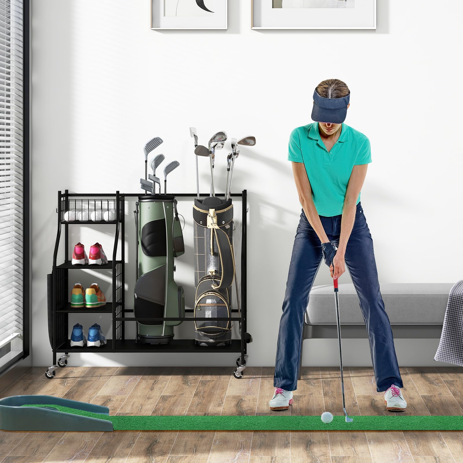 GOPLUS Organisateur de Rangement pour Club de Golf, Étagère de Rangement avec Roues Verrouillables pour 2 Sacs de Golf et 8 Clubs de Golf, 1 Panier, 3 Étagères et 4 Crochets