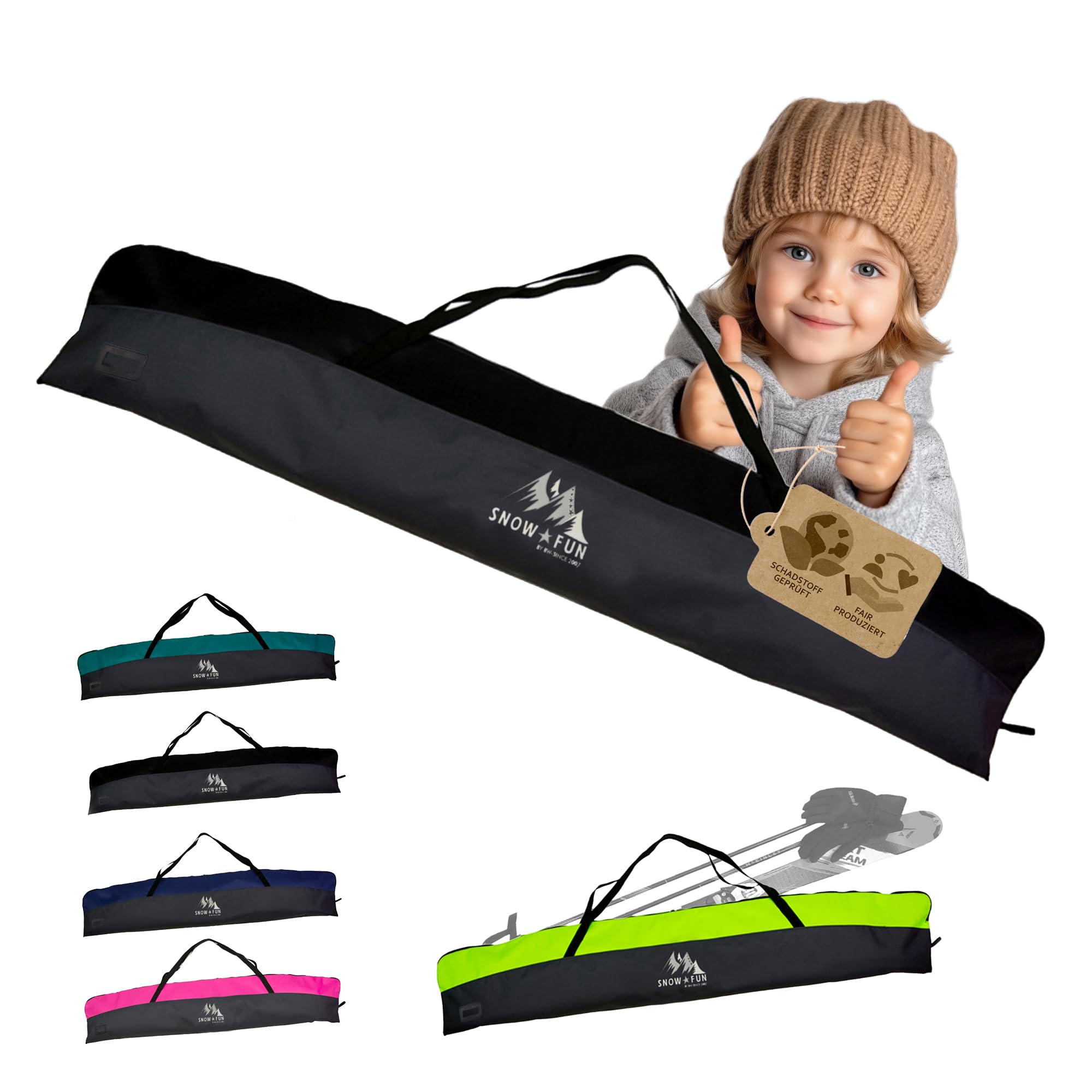 BAMBINIWELT Skitasche Kinder – Robuster Skisack aus wasserdichtem Cordura für Ski, Stöcke & Handschuhe, mit 2-Wege-Reißverschluss, Namensfeld & Tragegriffen