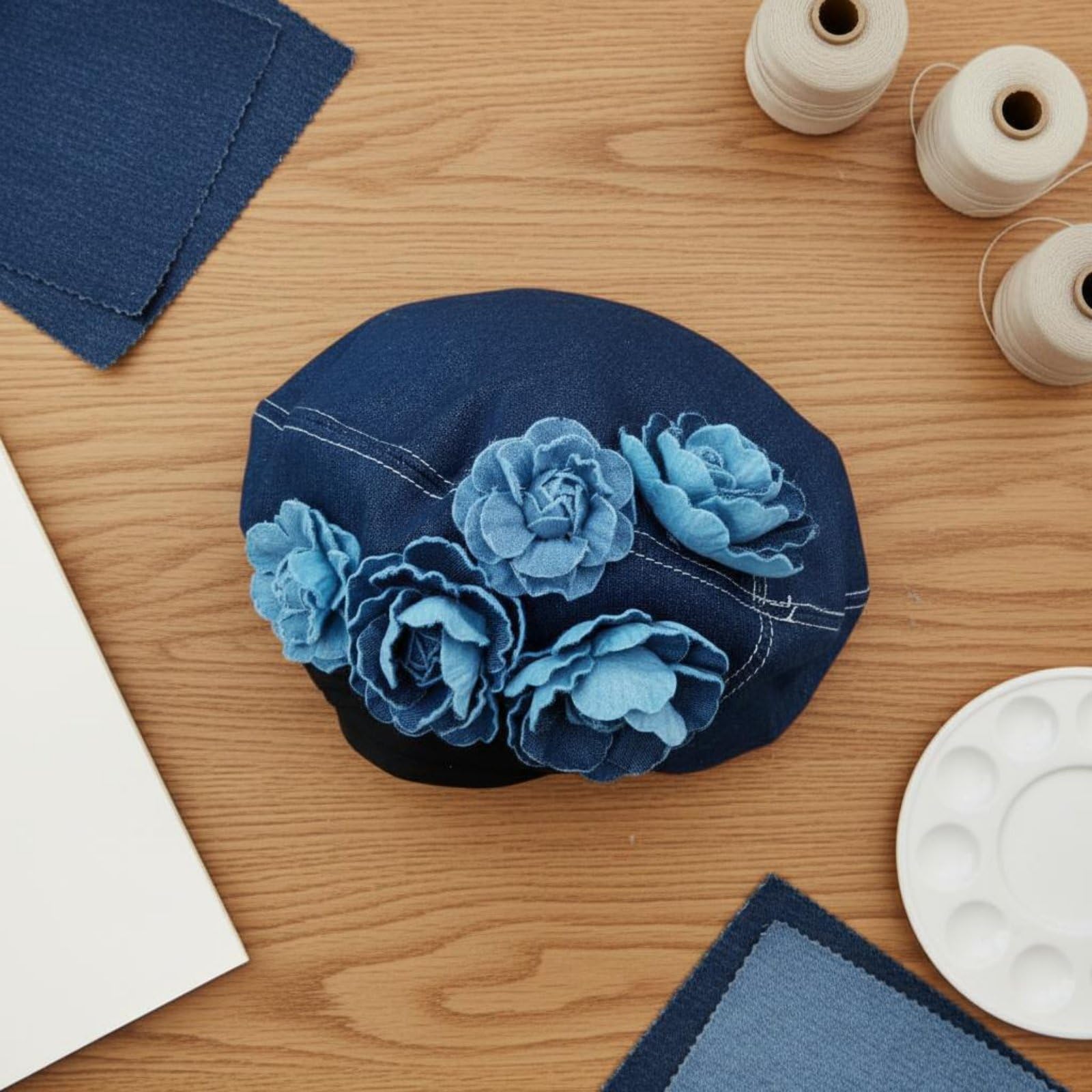 URJIX Korean Design Denim Painter Hat Adjustable Fit Denim Beret Floral Beret for Women, Light Blue-image-15