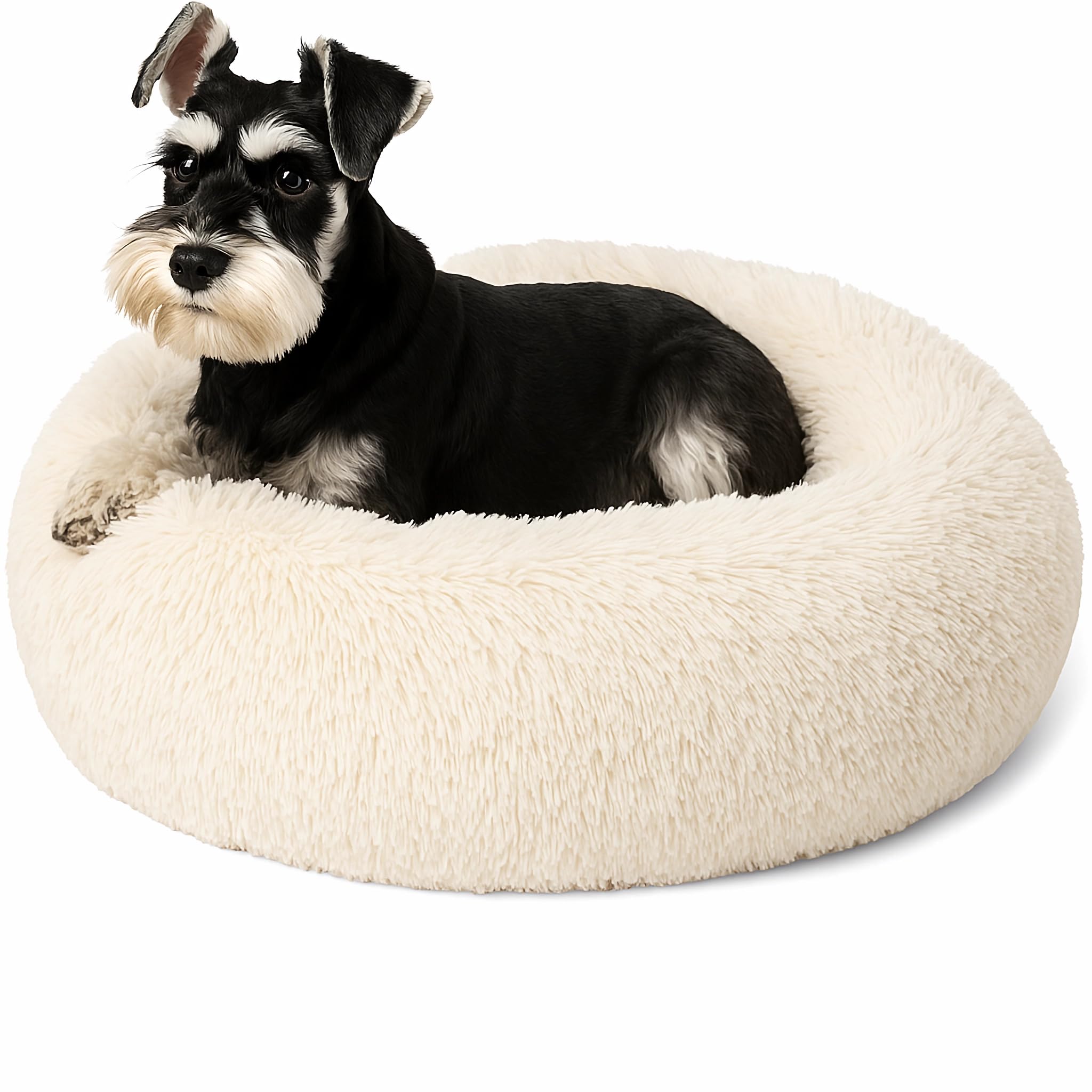 SEOUGEE Calming Donut Dog Bed, Fluffy Plush Round Cat Bed, Cosy Soft Washable Cushion Warming Pet Beds with Non-Slip Bottom, Indoor Sleeping Cuddler Nest for Small Dogs Cats (Cream 50cm)