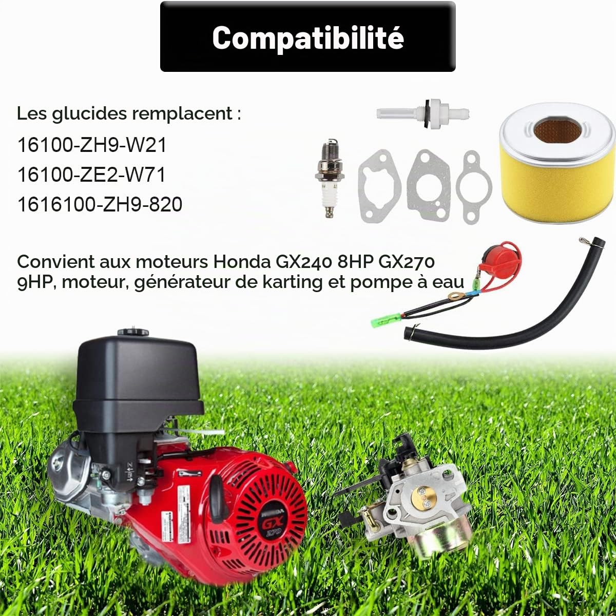 ZAMDOE Kit de carburateur avec filtre à air pour HONDA GX240 GX270 8HP 9HP moteurs, remplace le carburateur # 16100-ZE2-W71 1616100-ZH9-820 16100-ZH9-W21
