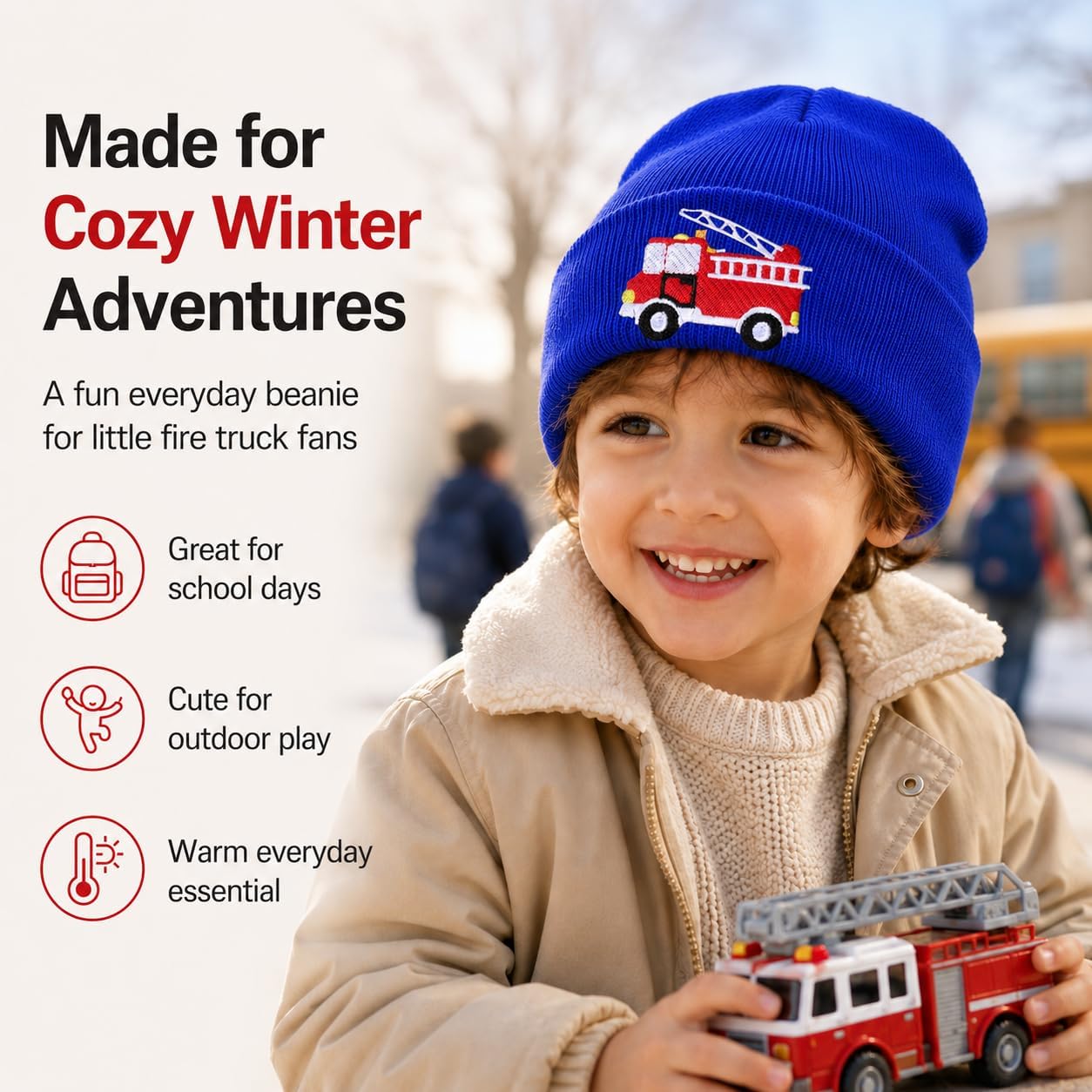 Kids Knit Beanie Cute Fire Trucks Embroidery Warm Cuffed Skull Caps Classic Autumn Winter Hats for Boys Girls 3-8 Years