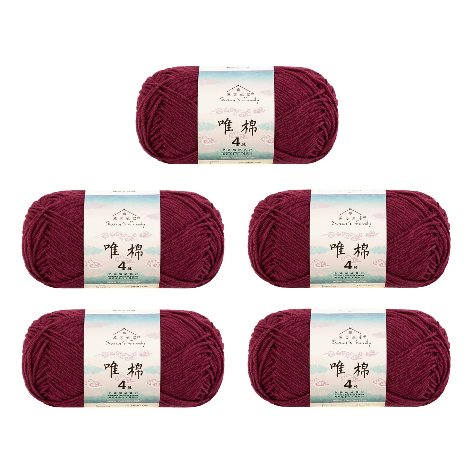 Susan's Family 4 ply 60% Cotton 40% Acrylic Yarn - Soft & Durable - 5 x 50g (1.76oz) - 655 Yards for Knitting & Crocheting - Baby Blankets, Amigurumi, Sweaters & More