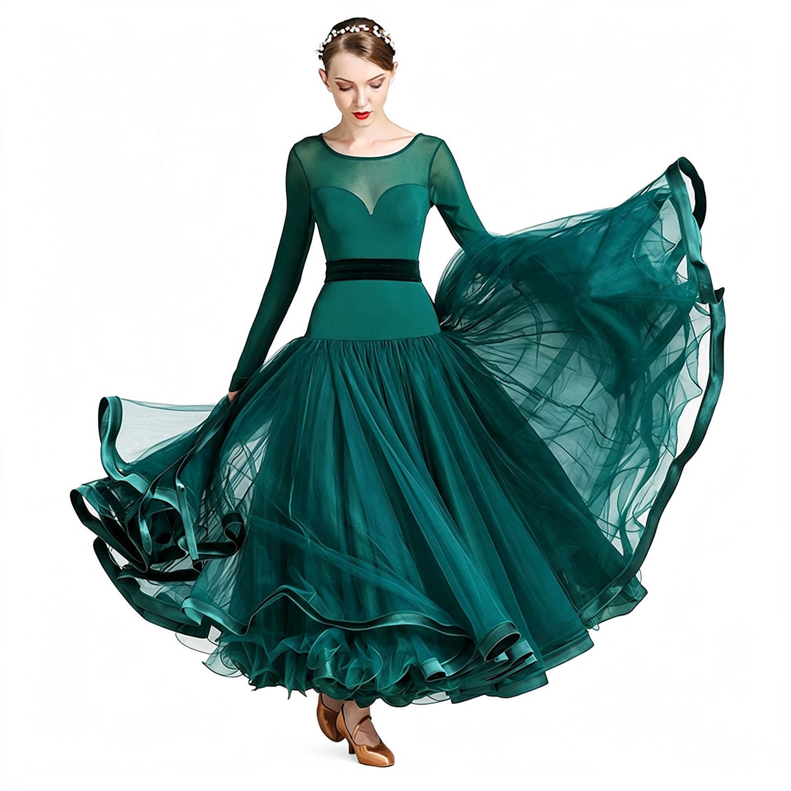 Robe Danse Salon Femme Manches Longues Résille Jupe Tulle Compétition Valse | Robe de danse de salon, Tenue de compétition danse standard, Robe de Compétition Valse Col rond Jupe Grande Volante en Tulle