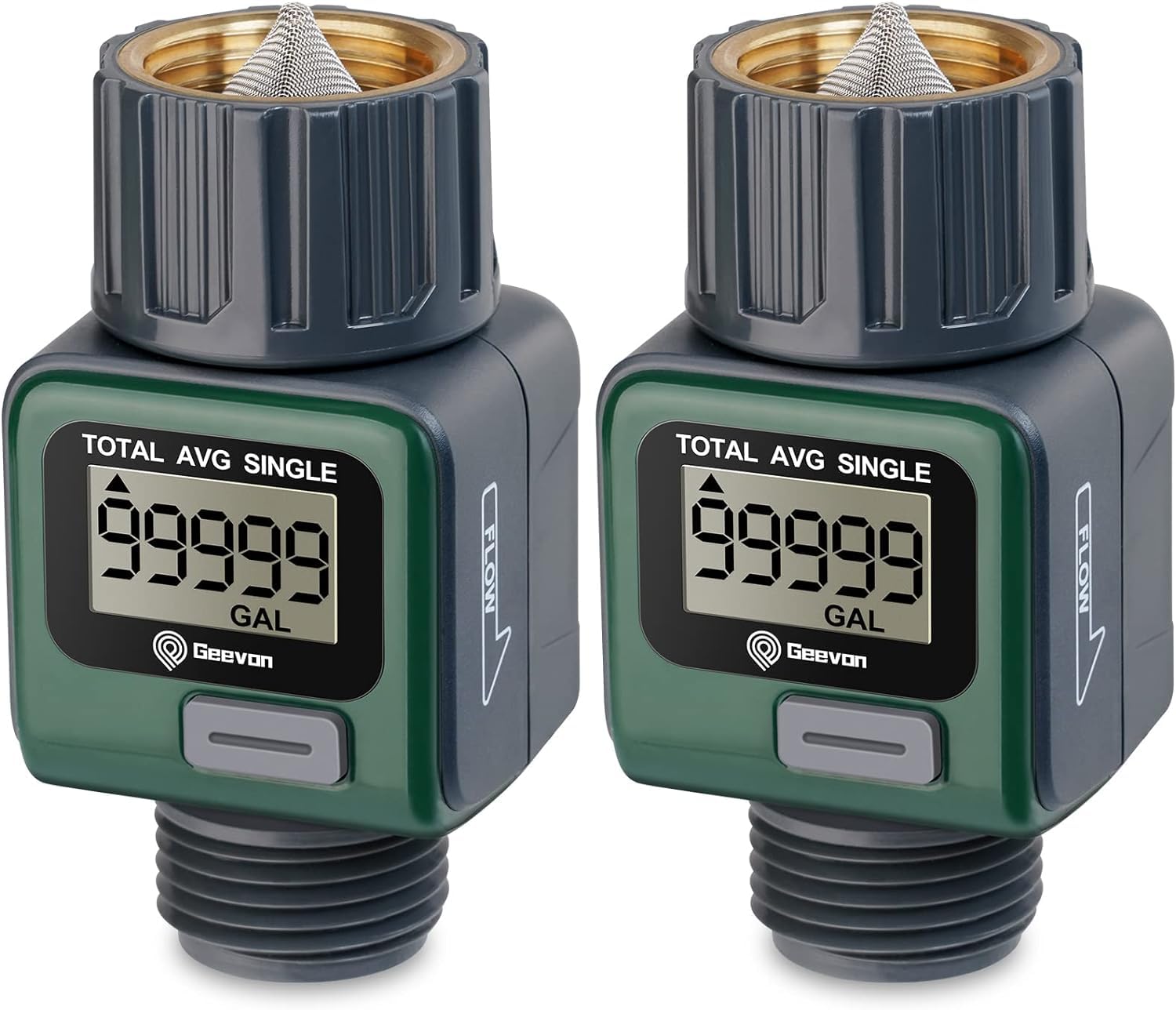 Geevon Garden Hose Water Flow Meter with Brass Inlet Metal Thread, High Accuracy & IPX6 Waterproof for Outdoor Garden Watering, RV Water Tank Filling, Lawn Sprinkler, and Nozzle Sprayer (2 Pack)