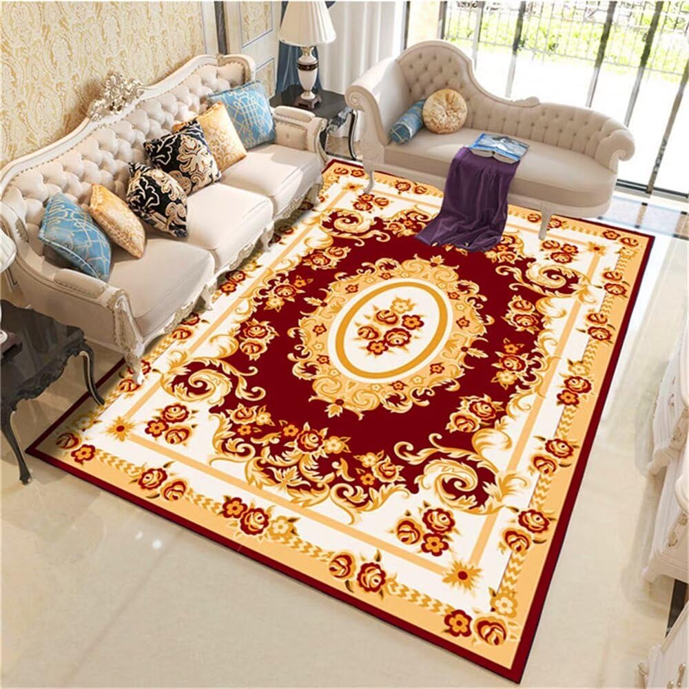 Tapis chambre fille rouge floral vintage rectangulaire lavable devant canapé ou extérieurs