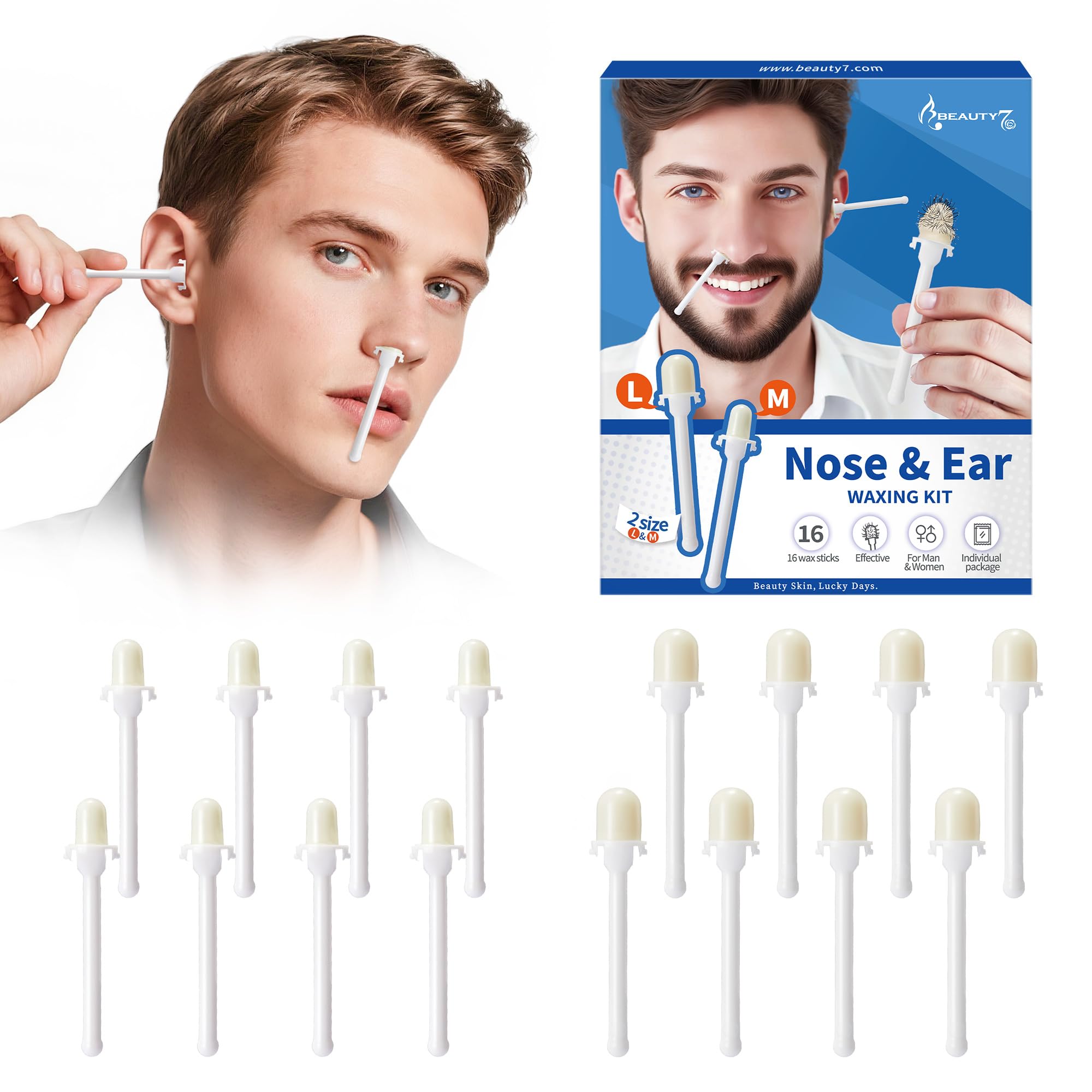 Kit de Cera para Depilación de Nariz y Orejas para Hombres y Mujeres, 16 Varillas Preenvasadas Indoloras con 2 Tamaños, Uso en Casa y Viaje, Rápido y Seguro Beauty7