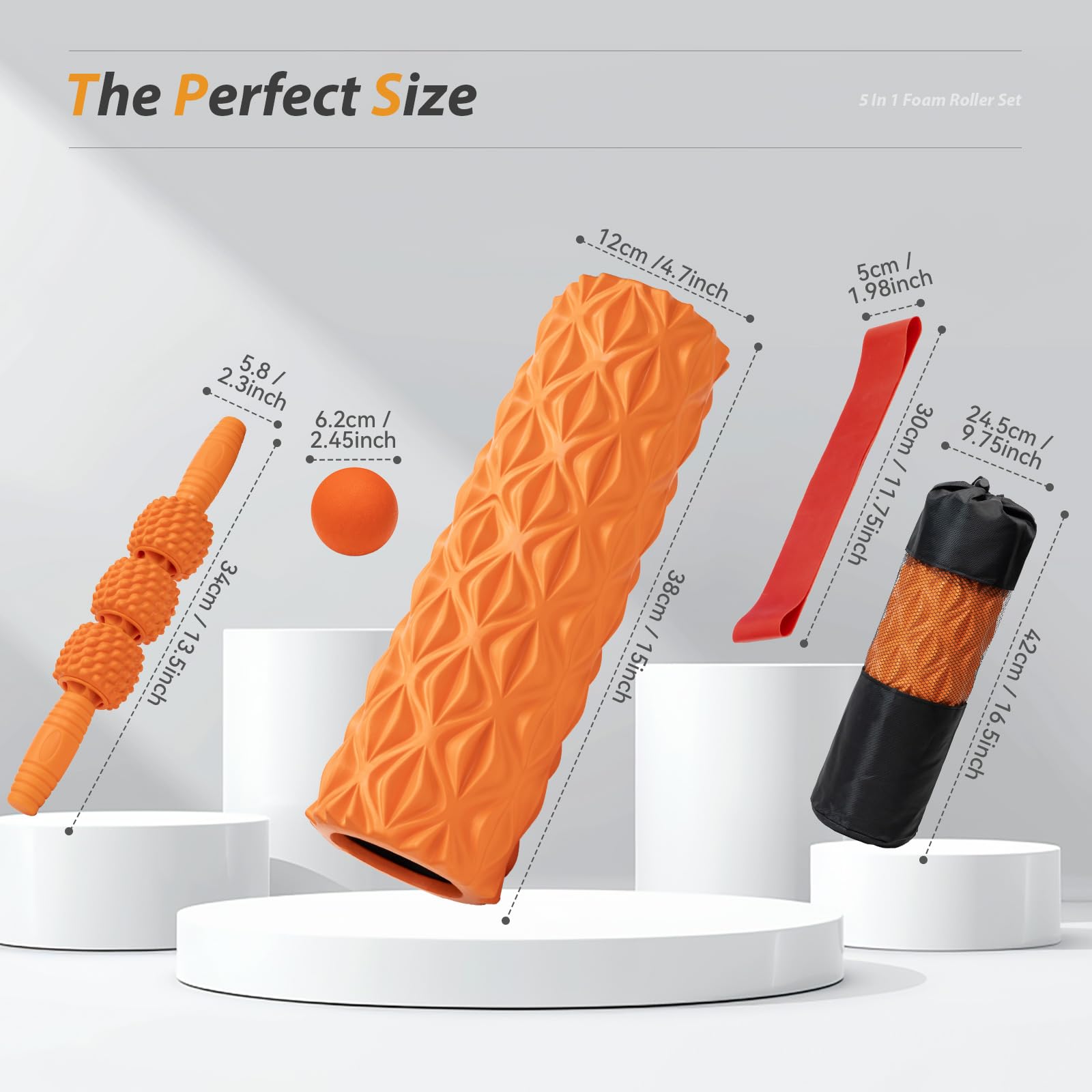 5 in 1 Foam Roller Set für Tiefengewebe-Muskelmassage, Mediem Density Rückenrolle, Triggerpunkt Fitness Übung Foam Roller, Massageroller, Massageball, Dehnungsgurt, für Ganzkörperentlastung