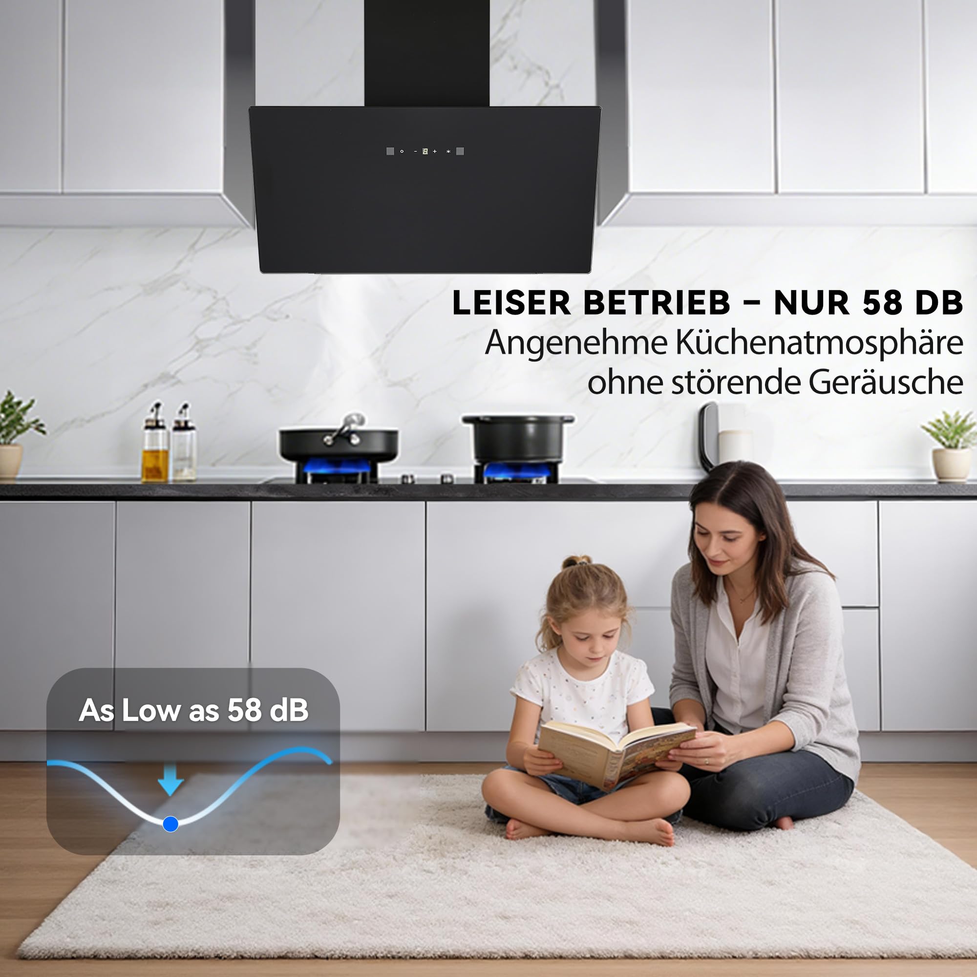 Dunstabzugshaube Schräghaube 60 cm A+++ 416 m³/h 58 dB Leise Touch- & Gestensteuerung Abluft/Umluft LED Schwarz