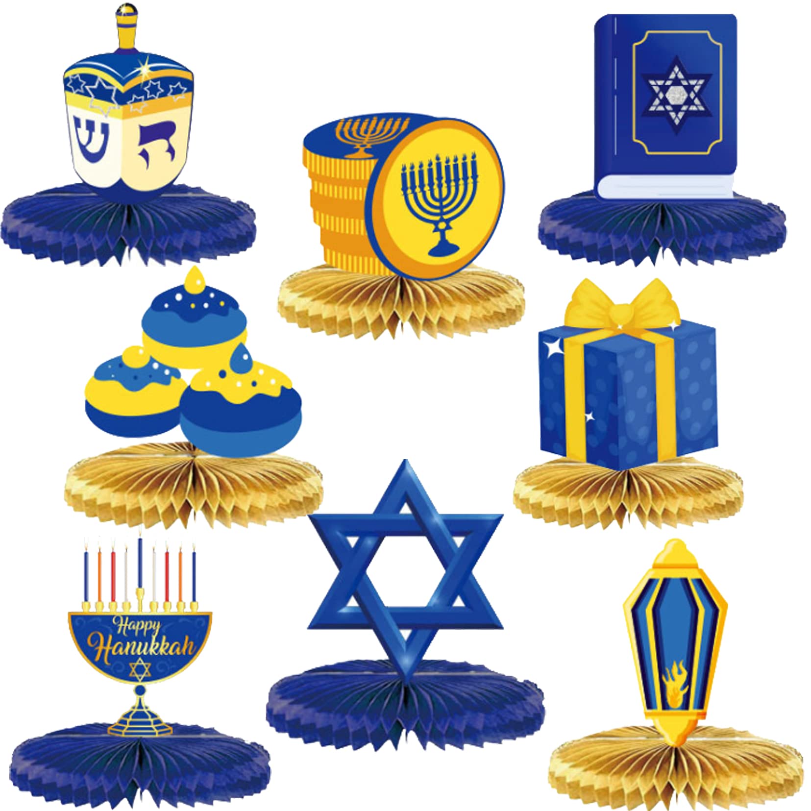 8pcs Happy Hanukkah Table Decorations, Menorah Dreidel Table Centerpieces Star of Davids Sign for Chanukah/Hanukkah Party Wedding Birthday Party Baby Shower Honeycomb Centerpiece