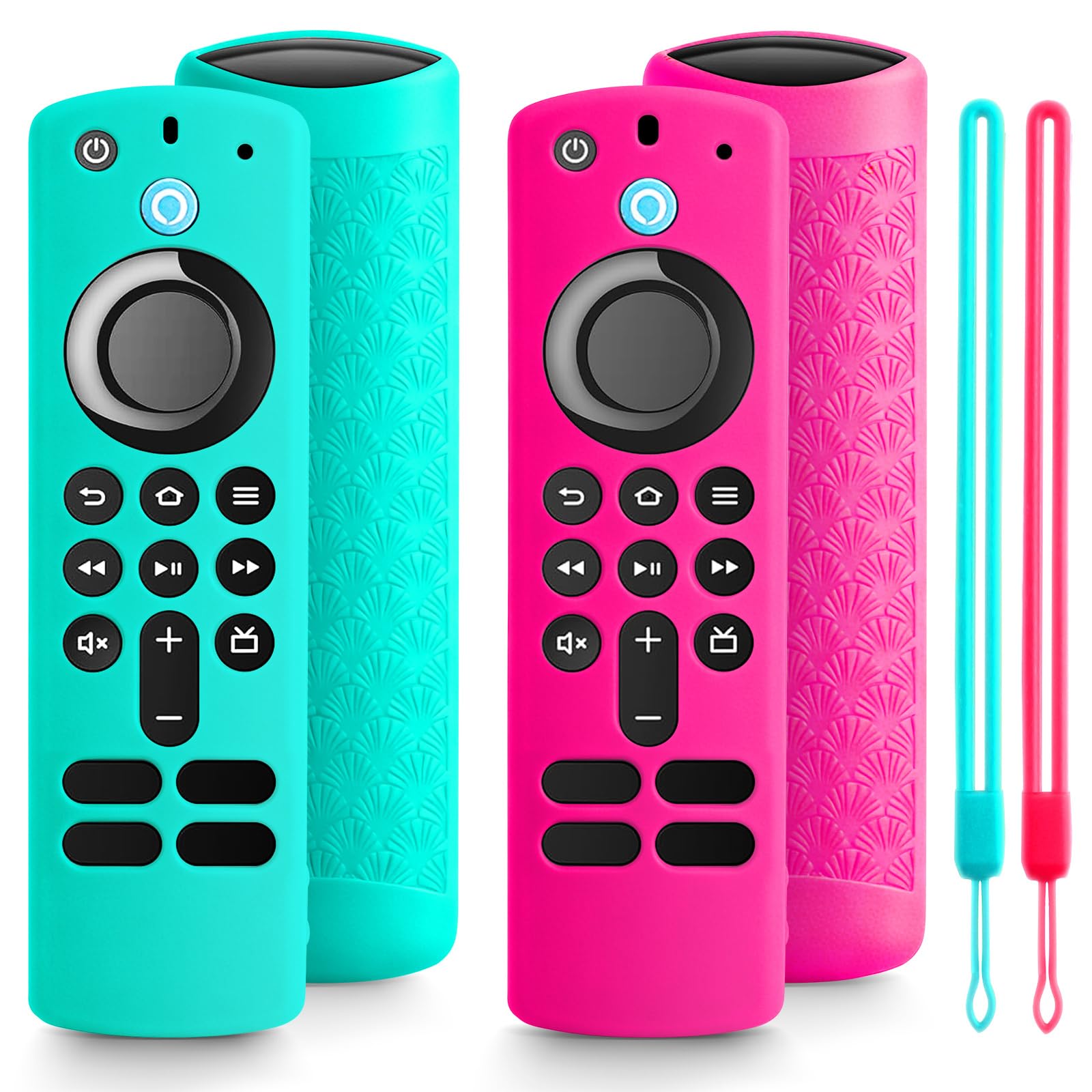 ONEBOM (2 Pack) Silicone TV Remote Cover,Anti Slip Silicone Protective Case with Same Color Lanyard（Not Glow Rose Red&amp;Not Glow Sky Blue）