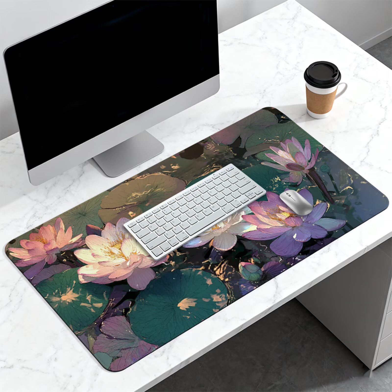 Podkładka pod mysz XXL Lotus, podkładka pod mysz Dream 1000 x 500 mm, wodoodporna i trwała podkładka pod mysz z zszytymi krawędziami i antypoślizgową gumową podstawą, mata biurkowa do biura, domu