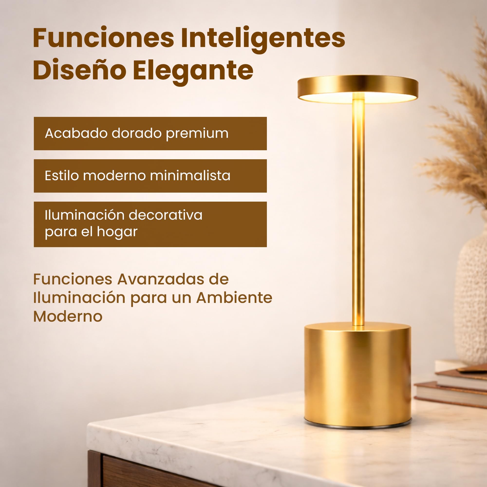 Pack de 2 Lámparas de Mesa LED Inalámbricas Recargables Doradas – Control Táctil, 3 Modos de Luz, Brillo Regulable, Diseño Moderno para Dormitorio, Salón, Restaurante o Bar