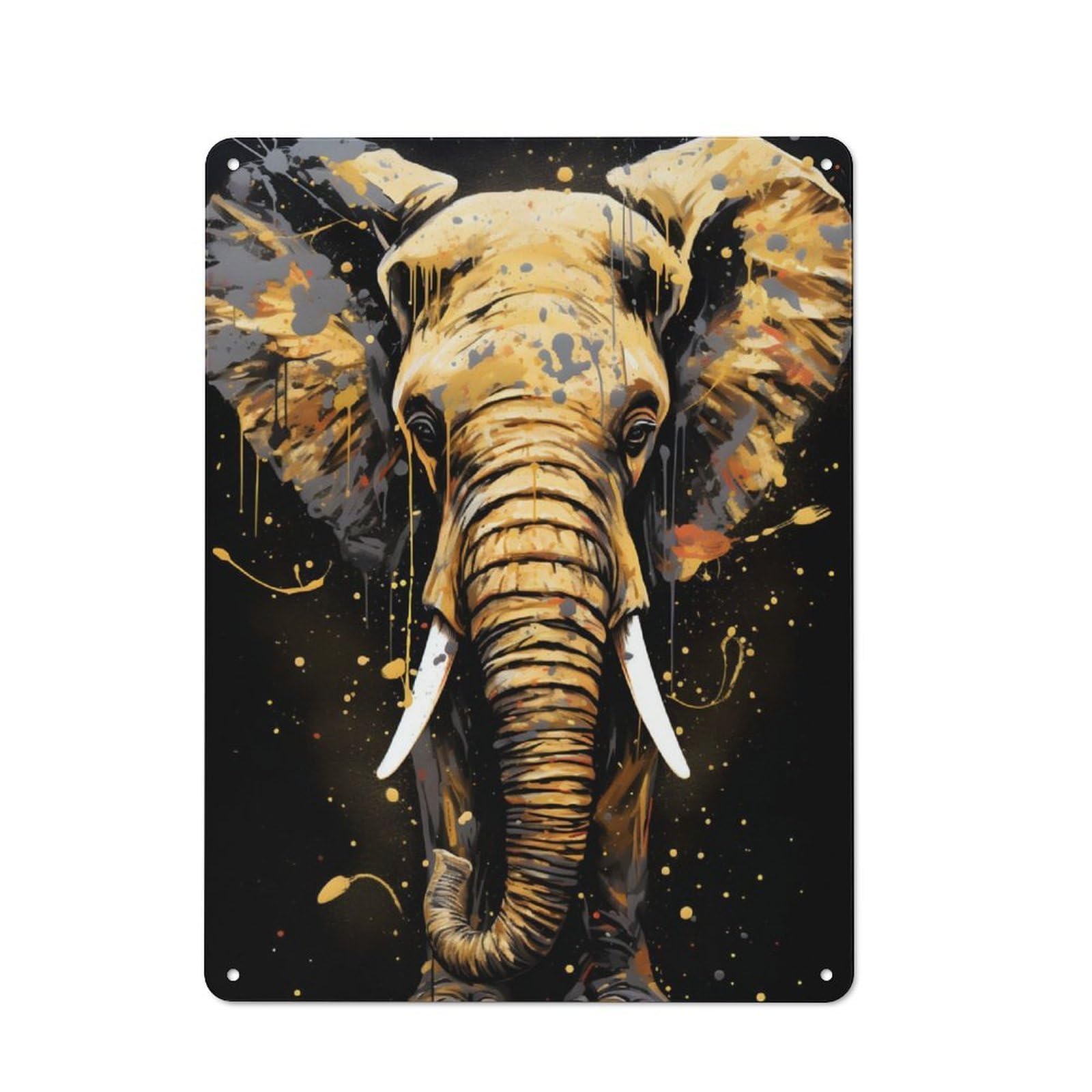 Metal Wall Sign 40x30cm Featuring Elephant Golden Splatter for Garage Or Workshop, Suited to Workshop Owners