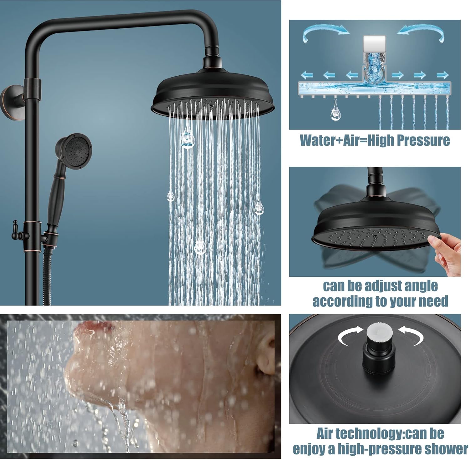 Aolemi Exposed Shower Fixture Shower Faucet Set Bathroom 8 Inch Rainfall Head Handheld Spray Tub Spout Triple Functions Wall Mount 2 Cross Handle Oil Rubbed Bronze